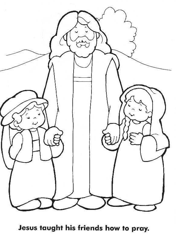 Coloriage de Jésus tenant une croix dans un environnement paisible