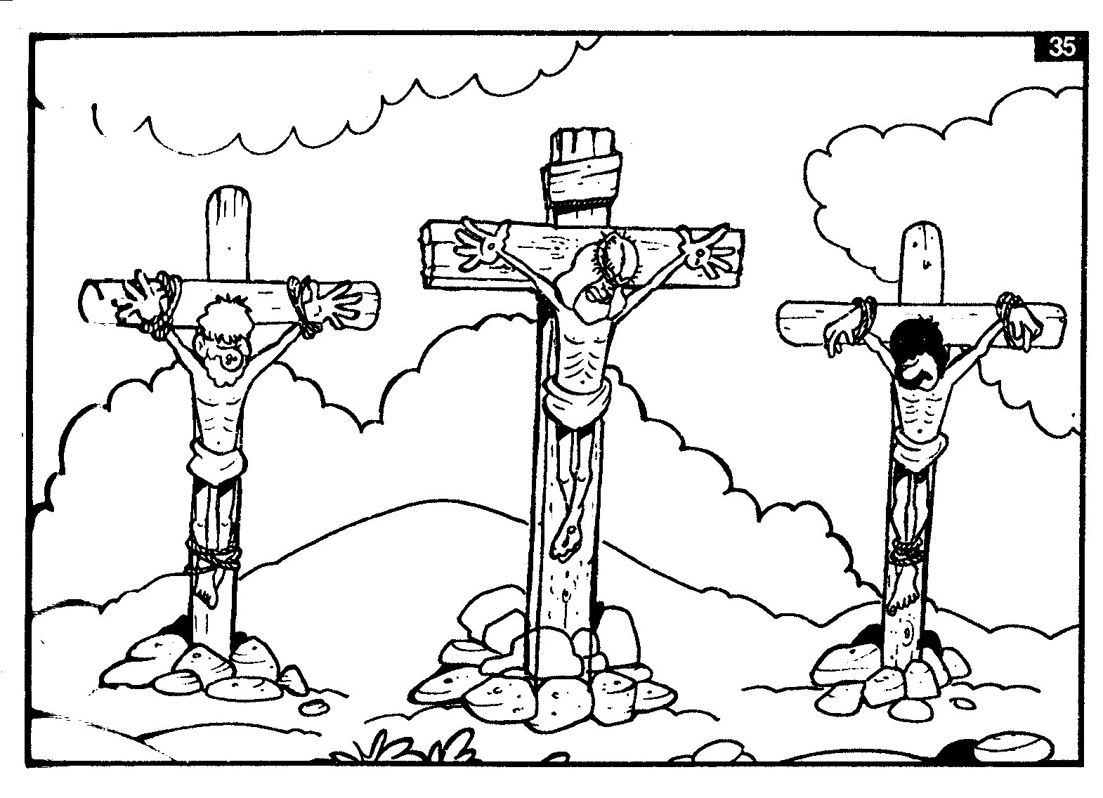 Coloriage représentant Jésus prêchant aux foules sur une colline