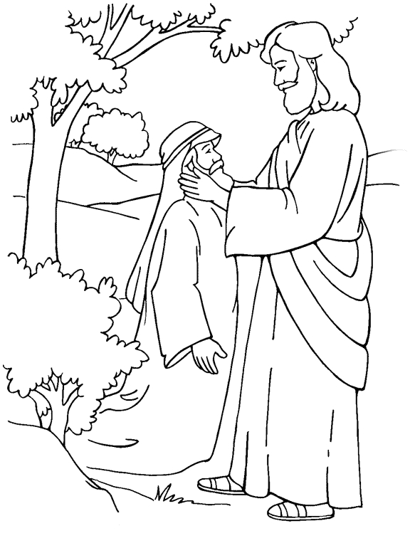 Coloriage de Jésus tenant un agneau dans un paysage paisible