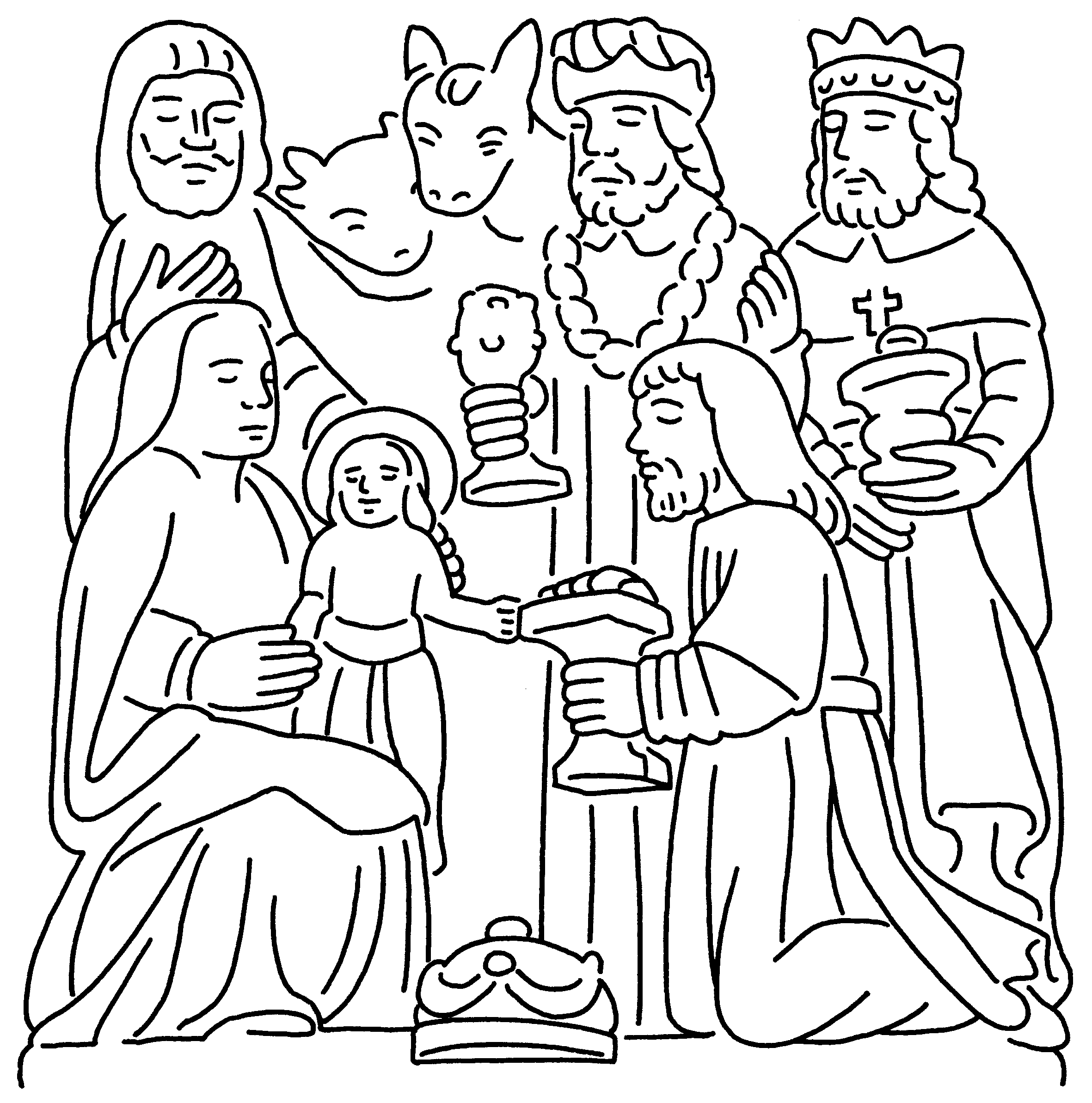 Coloriage de Jésus entouré d'enfants dans un paysage serein