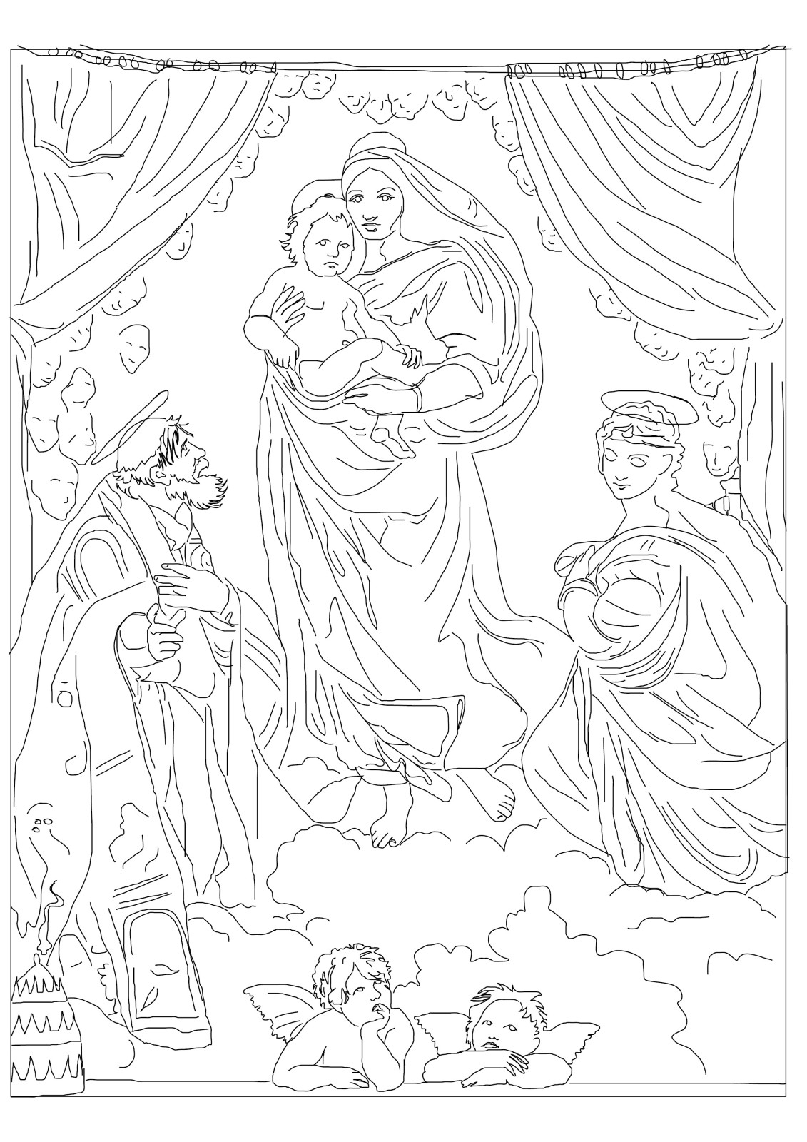 Coloriage de Jésus entouré d'enfants dans un paysage paisible