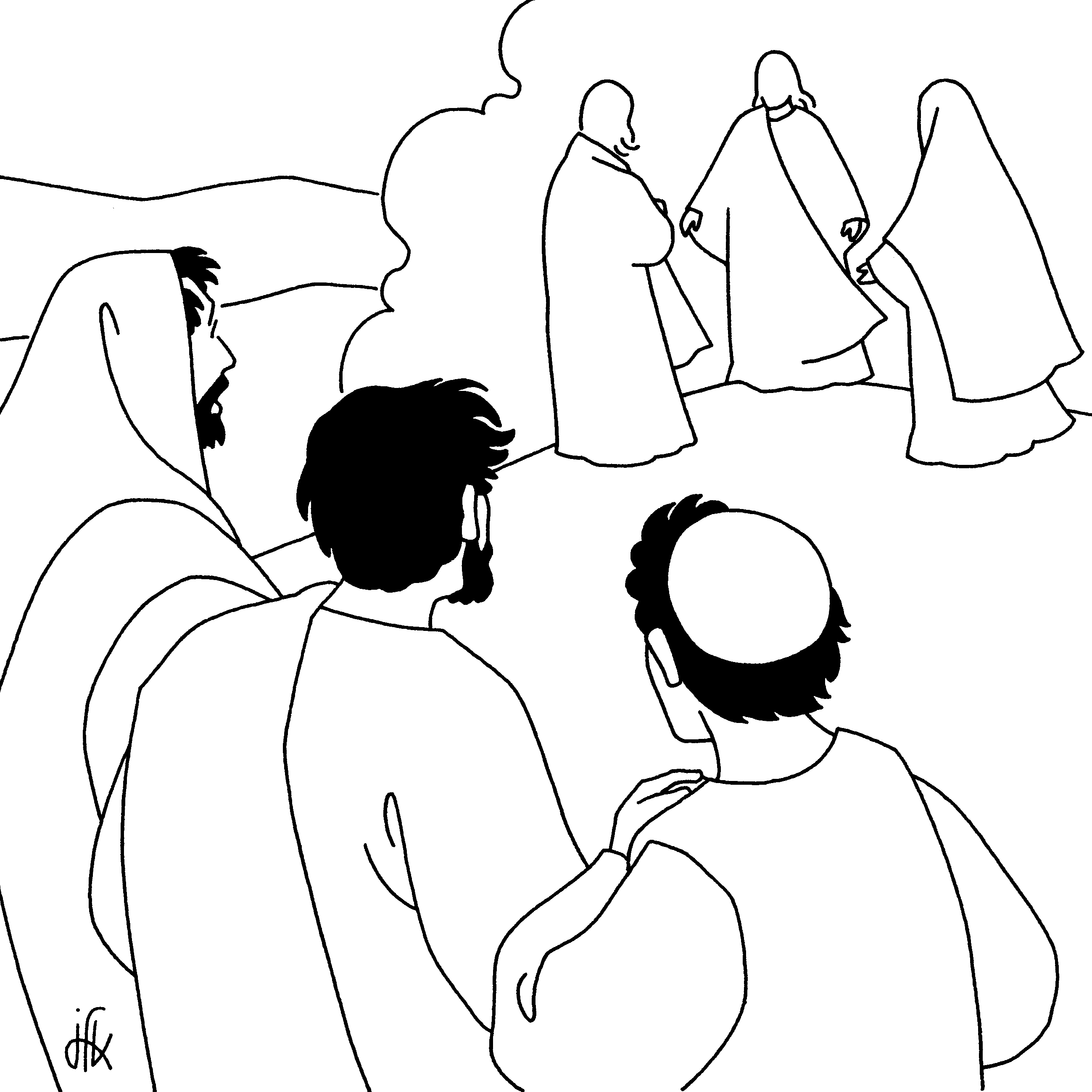 Coloriage de Jésus prêchant avec des enfants dans un décor naturel
