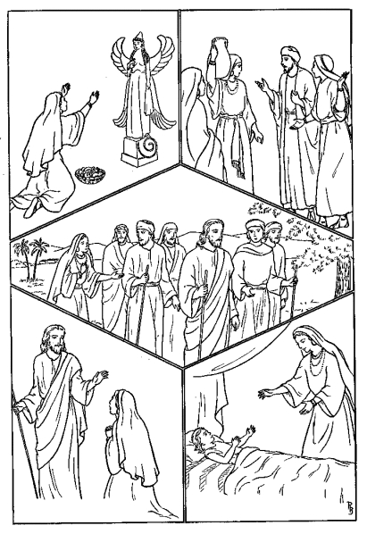 Coloriage de Jésus entouré d'enfants dans un cadre paisible