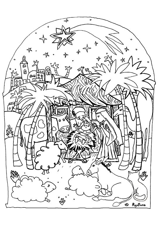 Coloriage de Jésus avec des enfants dans un décor paisible