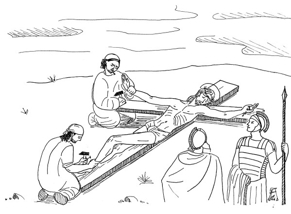 Coloriage de Jésus prêchant avec des enfants dans un paysage naturel