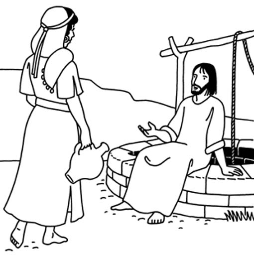 Coloriage de Jésus enseignant avec des enfants dans un paysage serein
