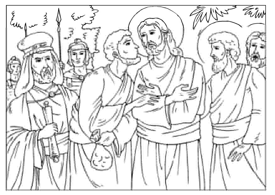 Coloriage de Jésus entouré d'enfants dans un paysage serein