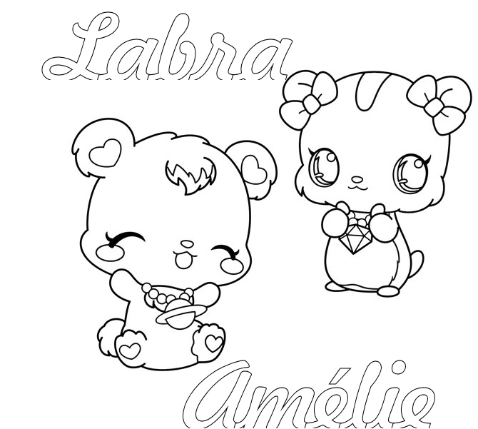 Coloriage d'un joyeux personnage de Jewelpet entouré d'éléments ludiques