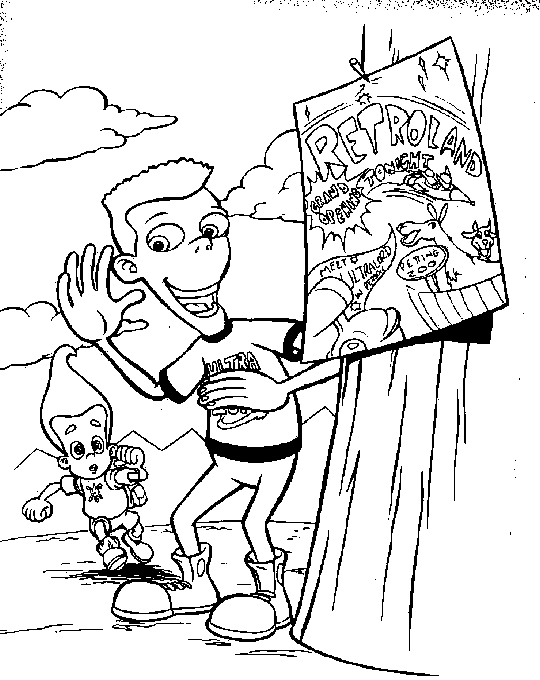 Jimmy Neutron en pleine réflexion avec son robot à l'intérieur de son laboratoire