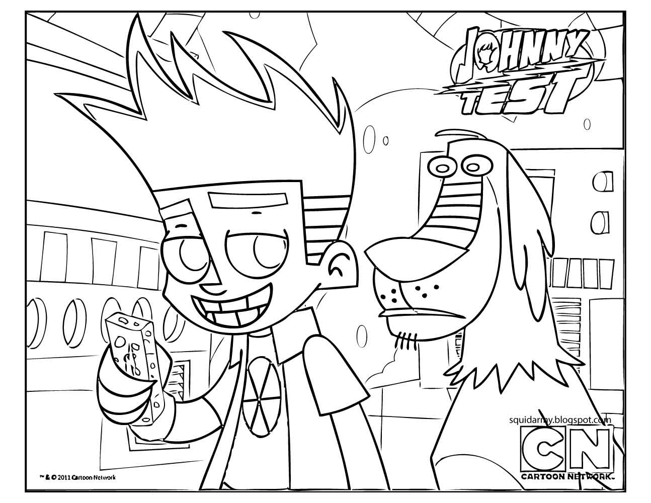 Johnny Test en pleine aventure avec son chien dans un décor dynamique