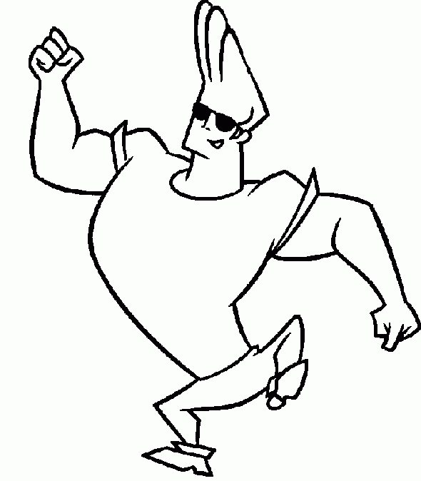 Johny Bravo en pleine pose musclée dans un décor urbain