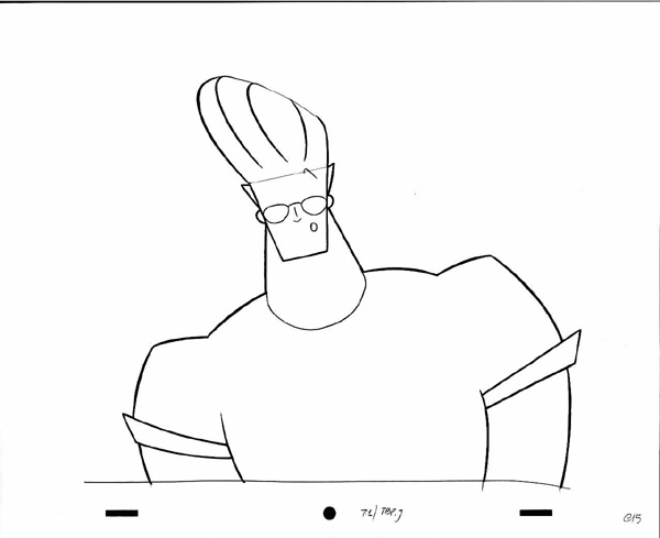 Johny Bravo en pleine pose musclée dans un décor simple