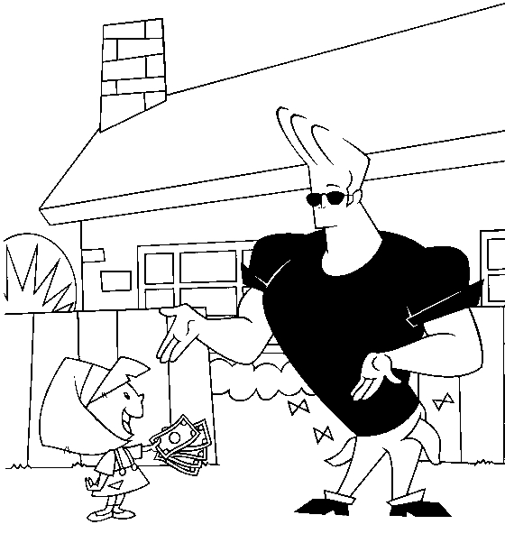 Johny Bravo posant avec un sourire dans un décor simple