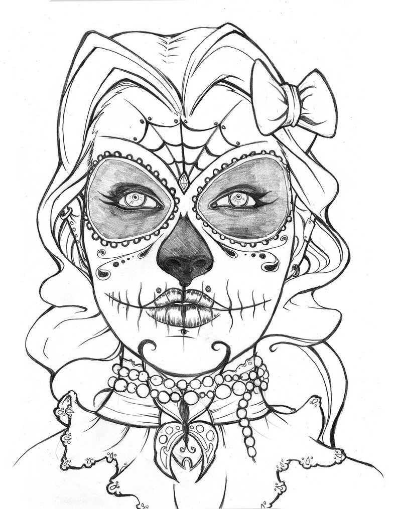 Coloriage d'une scène du Jour des Morts avec un crâne décoré et des fleurs