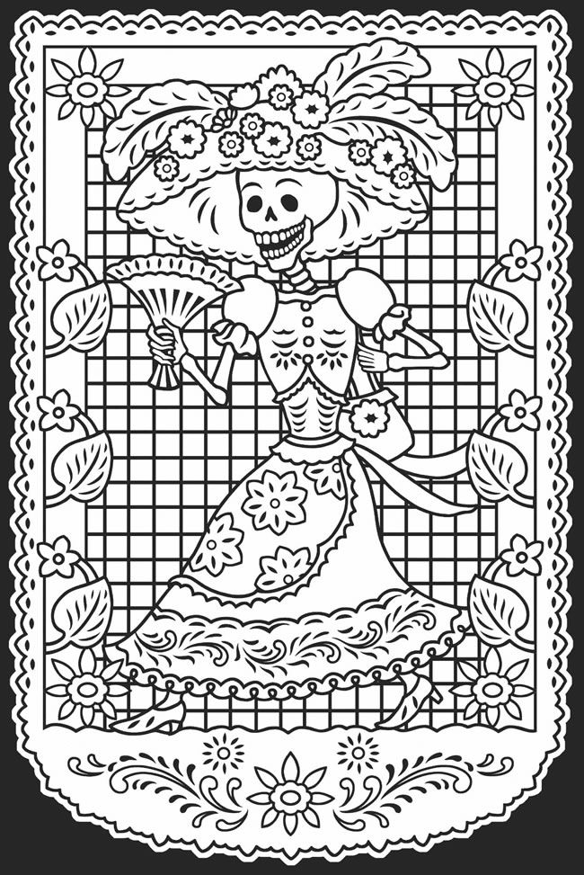 Coloriage d'une scène typique du Jour des Morts avec des crânes décorés et des fleurs