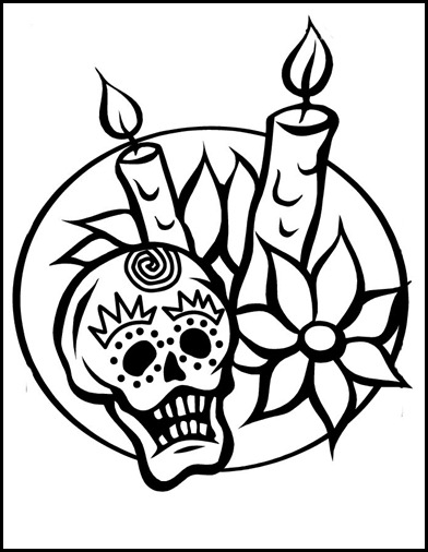Coloriage représentant une célébration du jour des morts avec des éléments traditionnels
