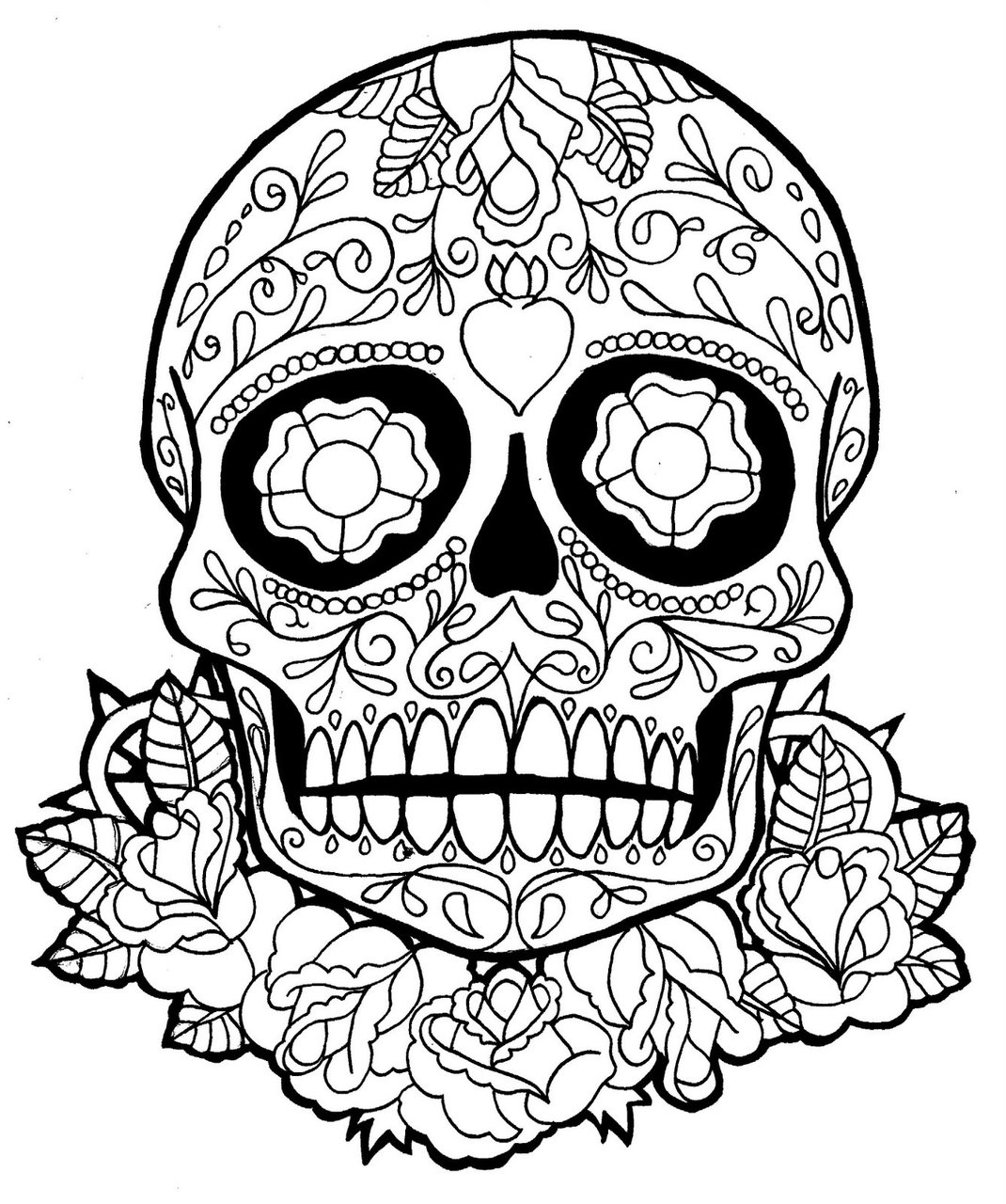 Coloriage représentant une célébration du Jour des Morts avec des motifs traditionnels