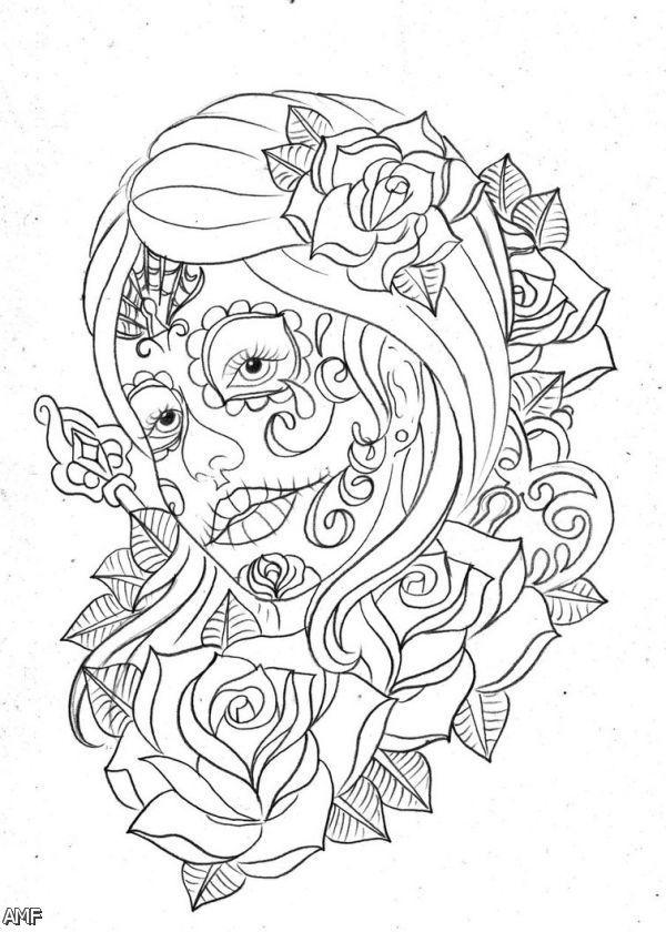 Coloriage du jour des morts avec un crâne décoré et des fleurs
