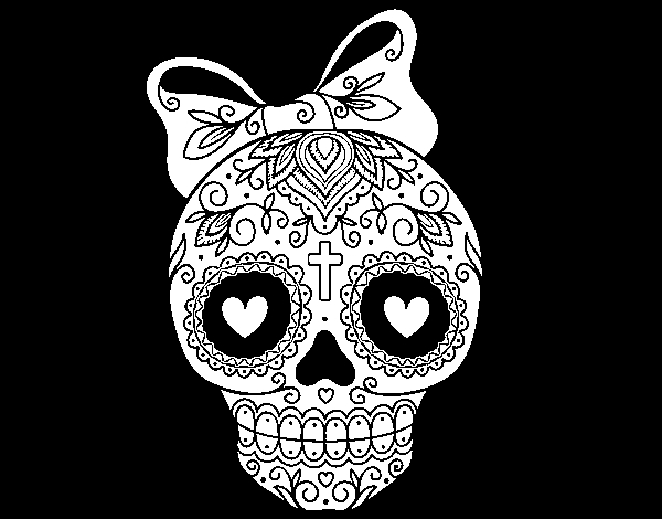 Coloriage représentant le Jour des Morts avec des motifs traditionnels et des crânes décoratifs