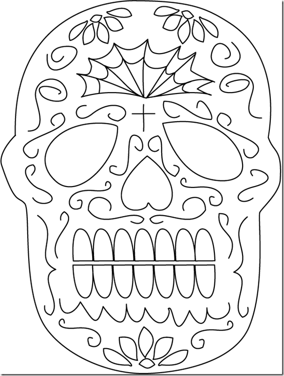 Coloriage représentant une scène du Jour des Morts avec des crânes et des éléments festifs