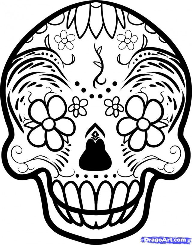 Coloriage représentant une scène du Jour des Morts avec des crânes colorés et des éléments festifs