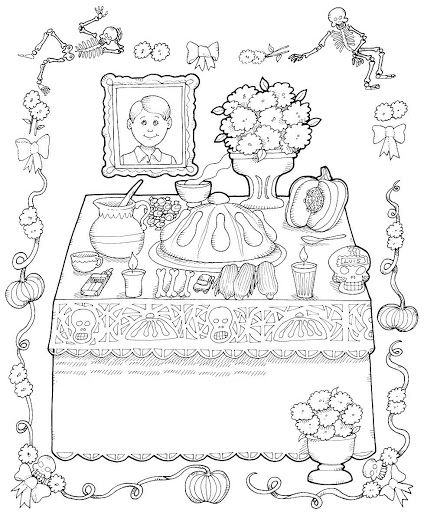 Coloriage d'une célébration du Jour des Morts avec des calaveras et des fleurs