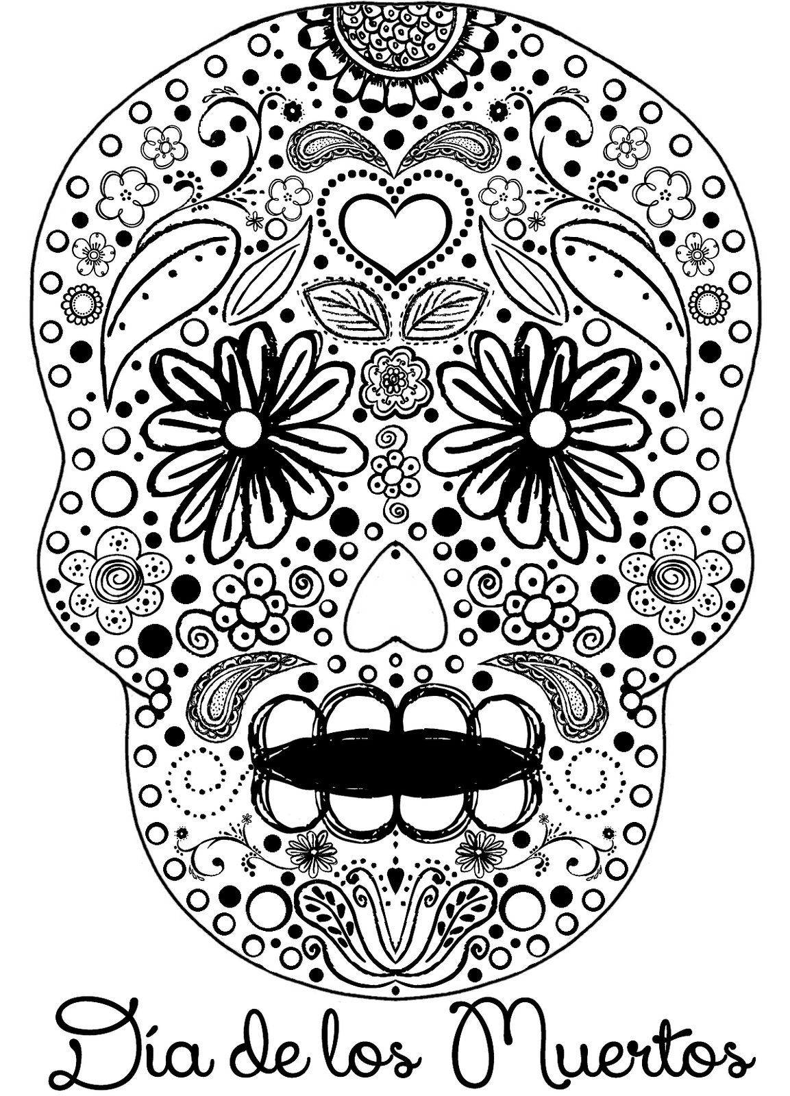 Coloriage du Jour des Morts avec des crânes décorés et des motifs floraux