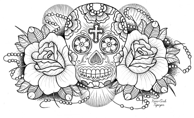 Coloriage représentant des crânes décorés pour le jour des morts