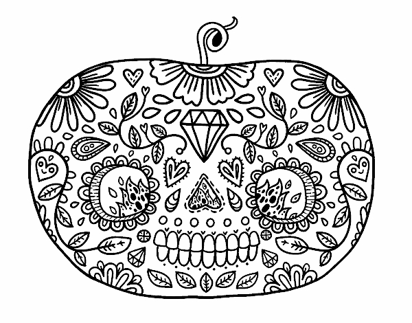 Coloriage d'une scène du Jour des Morts avec des crânes décorés et des fleurs