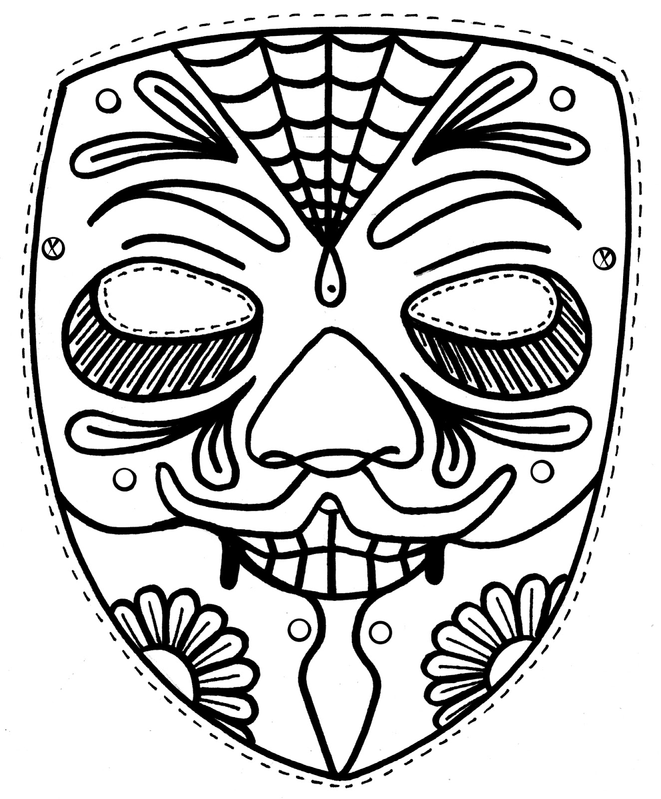 Coloriage représentant une célébration du Jour des Morts avec des éléments traditionnels