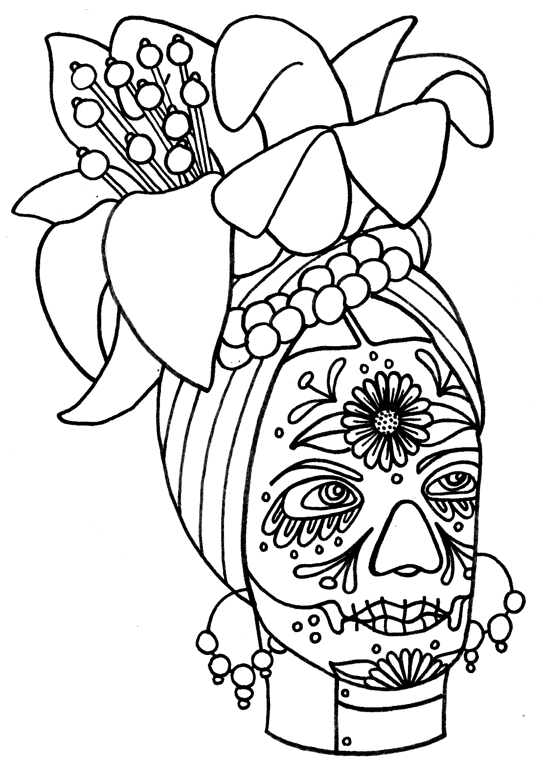 Coloriage du Jour des Morts avec un crâne décoré et des fleurs colorées