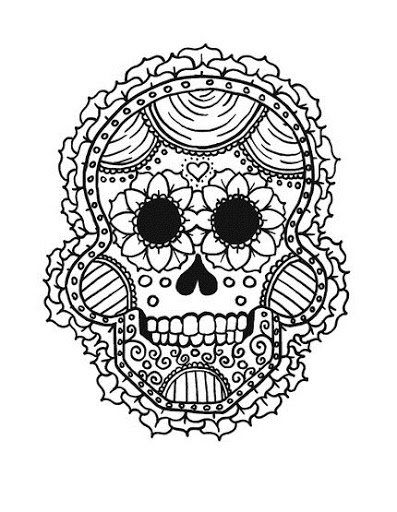 Coloriage représentant le Jour des Morts avec des crânes et des éléments traditionnels
