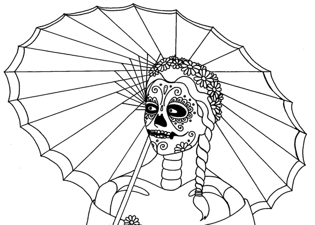Coloriage d'une célébration du jour des morts avec des crânes et des fleurs