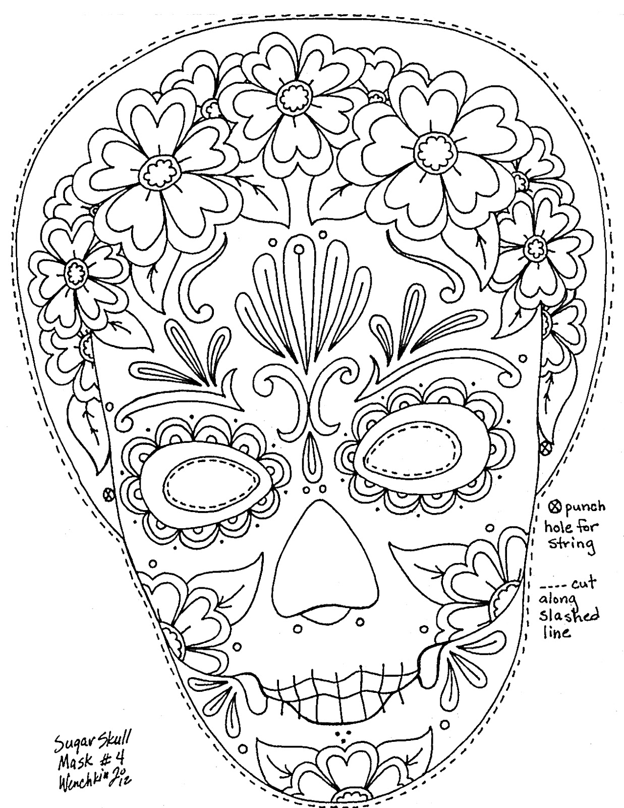 Coloriage représentant une célébration du Jour des Morts avec des crânes décorés