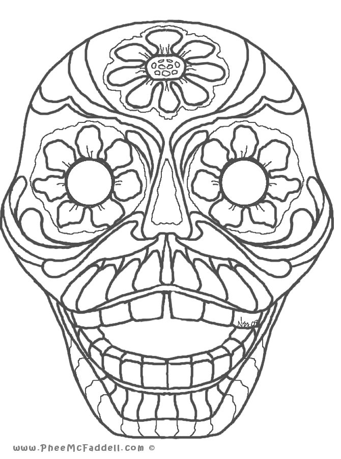 Coloriage du Jour des Morts avec crâne décoré et fleurs