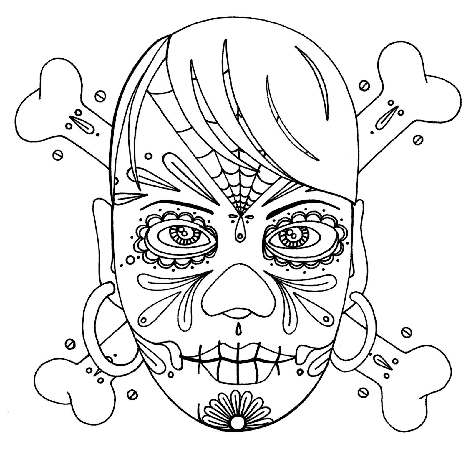 Coloriage du Jour des Morts avec des crânes et des fleurs