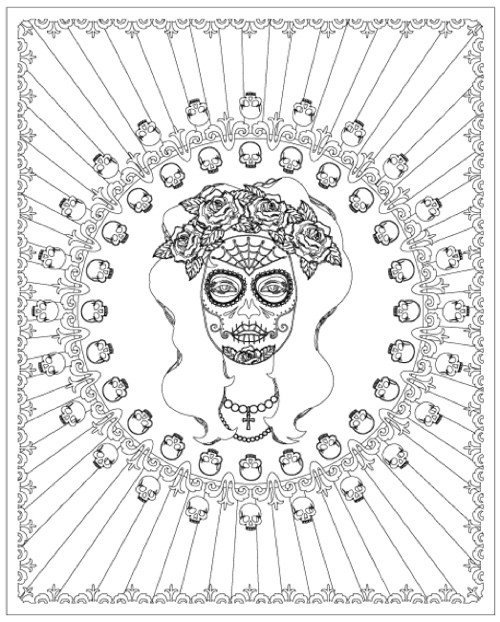Coloriage d'une célébration du jour des morts avec des éléments symboliques