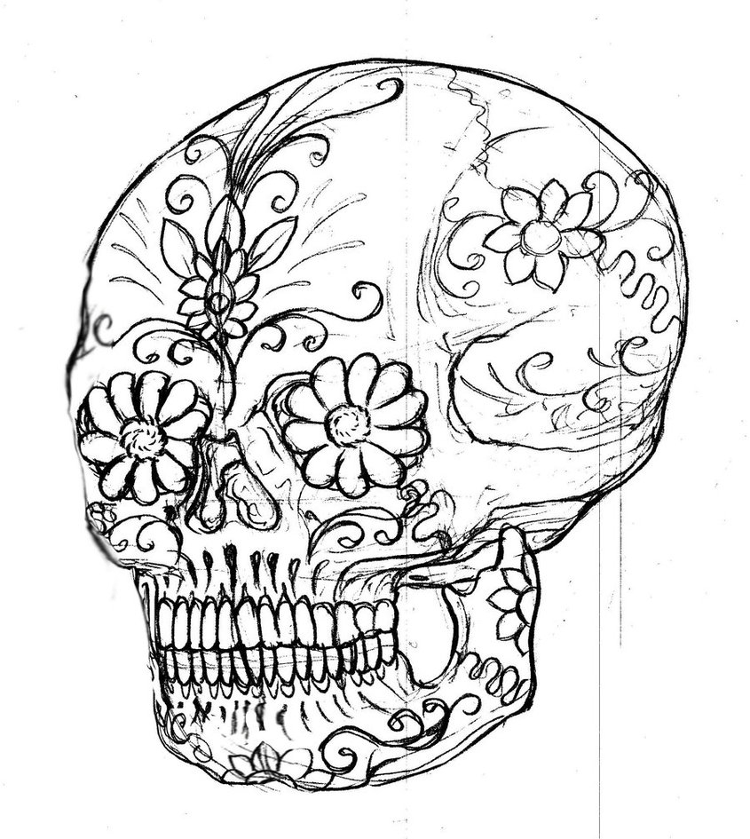 Coloriage représentant une célébration du jour des morts avec des crânes et des fleurs