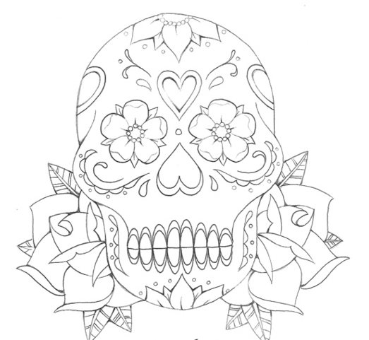 Coloriage d'une scène festive du Jour des Morts avec un crâne décoré