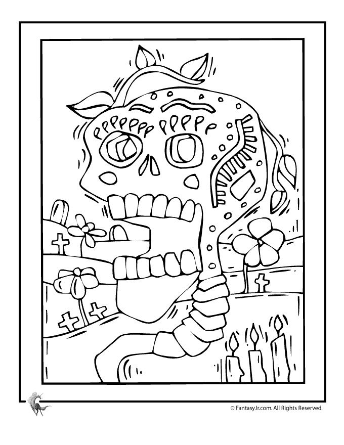 Coloriage représentant une scène du jour des morts avec un crâne décoré et des fleurs