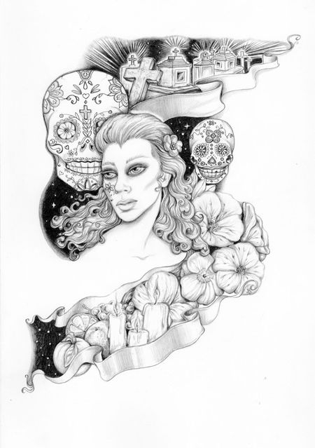 Coloriage de la célébration du jour des morts avec des calaveras et des fleurs