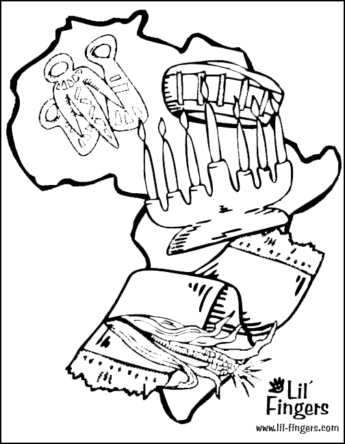 Coloriage illustrant la célébration de Kwanzaa avec une table décorée