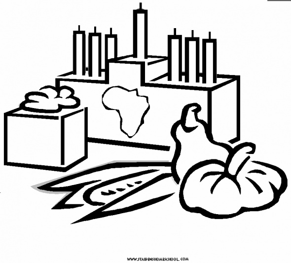 Coloriage représentant des symboles de Kwanzaa avec des bougies et des fruits