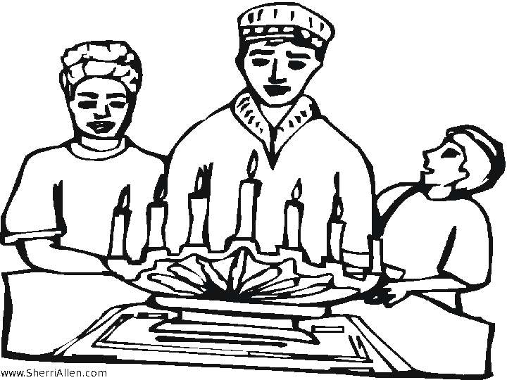 Coloriage représentant une scène de célébration de Kwanzaa avec des éléments symboliques