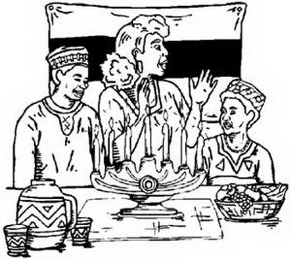Coloriage représentant une scène de Kwanzaa avec des symboles festifs et des éléments culturels