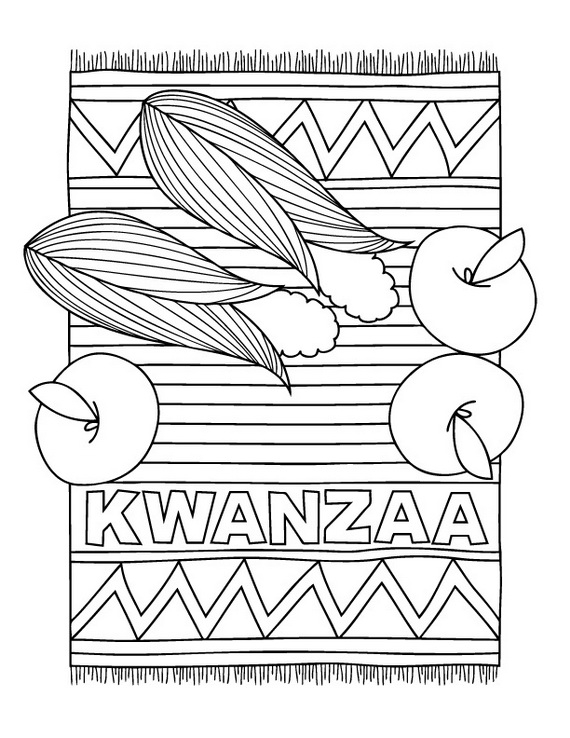 Coloriage d'une célébration de Kwanzaa avec des symboles et des éléments traditionnels