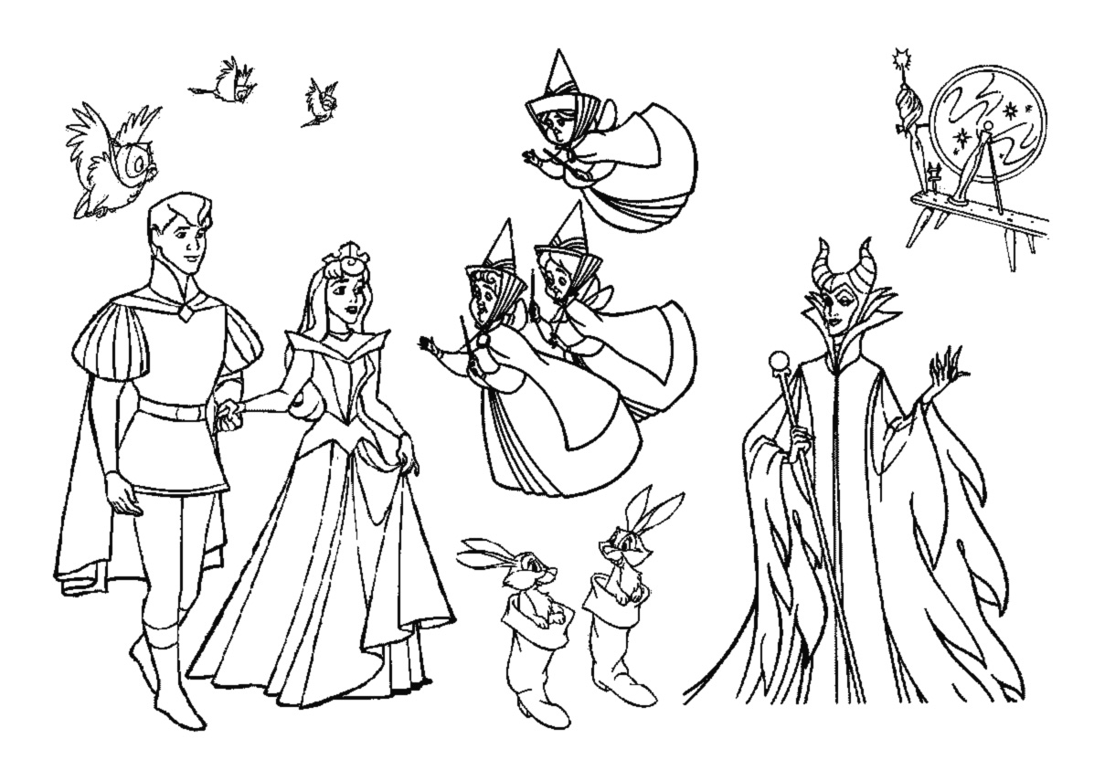 Coloriage de la Belle au bois dormant dans un décor de forêt enchantée