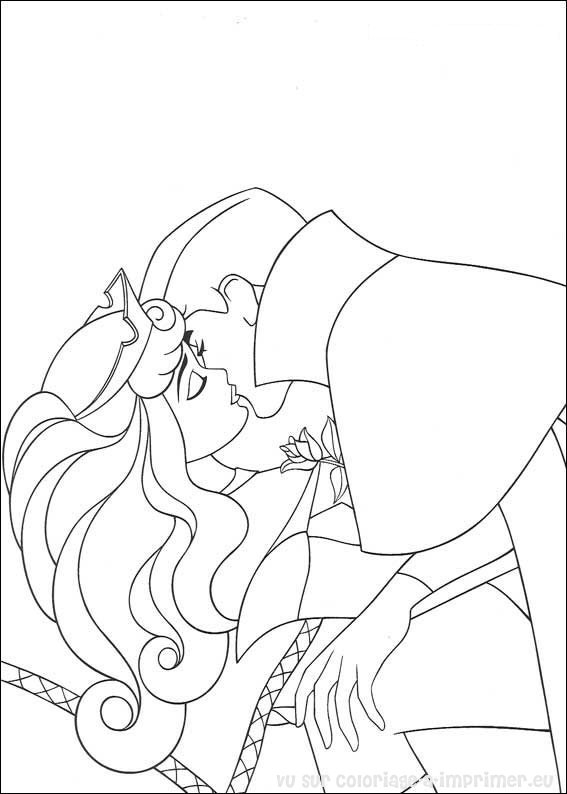 Coloriage de la Belle au Bois Dormant dans un décor de forêt