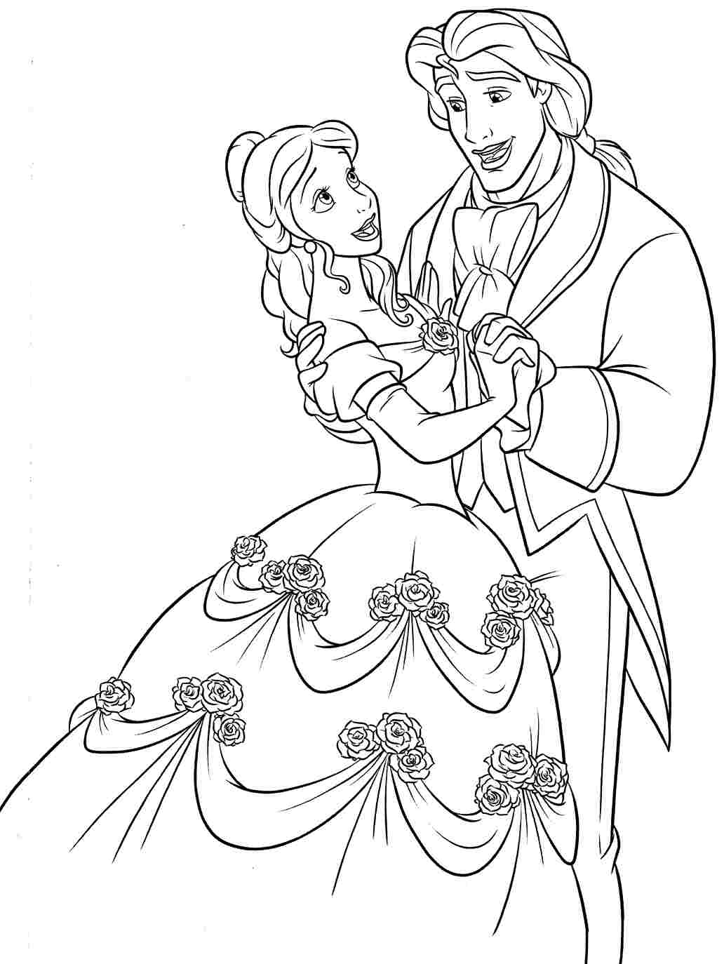 Coloriage de Belle et la Bête dans un décor romantique