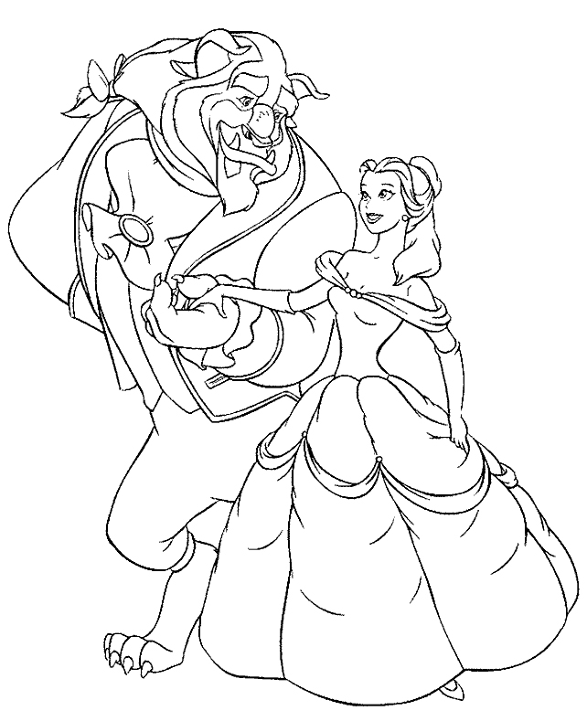 Coloriage de Belle et de la Bête dans un décor de château